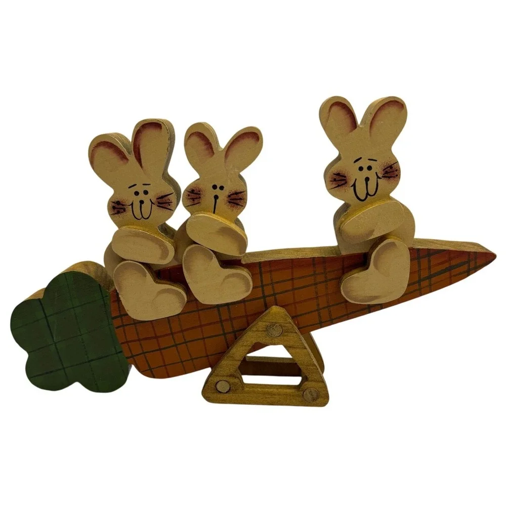 Vintage‎ Wooden Easter Bunny Carrot Seesaw Shelf Sitter Farmhouse Decor 9 Inch